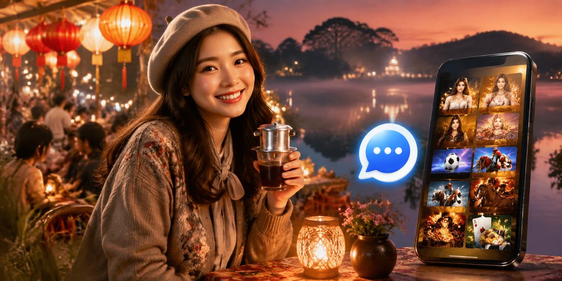 Người dùng tại Đà Lạt ngồi trong quán cà phê kiểm tra thông tin hỗ trợ trên điện thoại